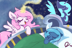 Size: 4200x2800 | Tagged: safe, artist:dreamscapevalley, princess celestia, princess luna, lullaby for a princess, g4, bed, cewestia, cute, cutelestia, ear fluff, eyes closed, filly, lullaby, lunabetes, magic, royal sisters, singing, sleeping, sweet dreams fuel, woona, younger