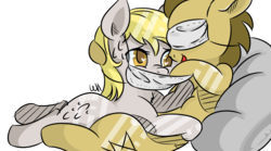Size: 900x500 | Tagged: safe, artist:walthooves, derpy hooves, doctor whooves, time turner, earth pony, pegasus, pony, g4, cuddling, male, mask, ship:doctorderpy, shipping, simple background, snuggling, stallion, straight, surgical mask, transparent background
