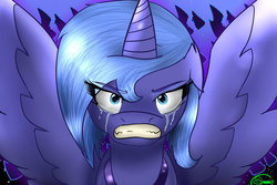 Size: 1024x683 | Tagged: safe, artist:seamemeow, princess luna, lullaby for a princess, g4, crying, female, floppy ears, gritted teeth, looking at you, s1 luna, solo, spread wings, tears of anger