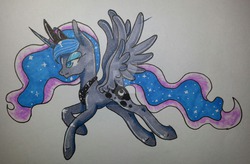 Size: 2762x1810 | Tagged: safe, artist:bleedingwings12, princess luna, alicorn, pony, g4, female, flying, mare, solo, traditional art