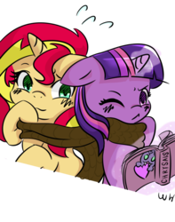 Size: 700x890 | Tagged: safe, artist:walthooves, sunset shimmer, twilight sparkle, alicorn, pony, unicorn, g4, blushing, book, clothes, female, mare, scarf, simple background, transparent background, twilight sparkle (alicorn), wink