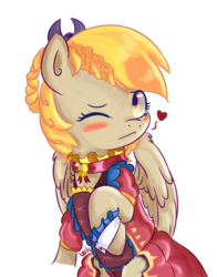 Size: 600x767 | Tagged: safe, artist:walthooves, derpy hooves, pegasus, pony, g4, blushing, braid, clothes, dress, female, heart, mare, queen of hearts, solo, wink