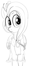 Size: 634x1410 | Tagged: safe, artist:dotkwa, fluttershy, pegasus, pony, g4, make new friends but keep discord, clothes, dress, female, gala dress, grayscale, looking at you, mare, monochrome, solo, turned head