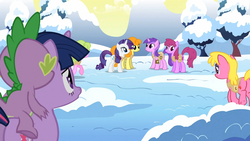 Size: 1366x768 | Tagged: safe, screencap, amethyst star, berry punch, berryshine, carrot top, cherry berry, daisy, flower wishes, golden harvest, rarity, sparkler, spike, twilight sparkle, dragon, pony, g4, winter wrap up, dragons riding ponies, female, mare, riding, snow, spike riding twilight, yellow sky