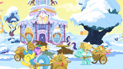 Size: 1366x768 | Tagged: safe, screencap, amethyst star, lemon hearts, linky, lyra heartstrings, shoeshine, sparkler, g4, winter wrap up, carousel boutique, female, mare, snow, tree, wagon, yellow sky