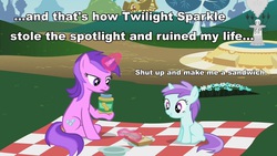 Size: 960x540 | Tagged: safe, edit, edited screencap, screencap, amethyst star, liza doolots, petunia, sparkler, tootsie flute, pony, unicorn, g4, slice of life (episode), the mysterious mare do well, amethyst star is not amused, duo, female, filly, foal, fountain, glowing horn, headcanon, horn, image macro, jar, levitation, magic, magic aura, mare, peanut butter, picnic, picnic blanket, sandwich, sitting, telekinesis, that pony sure loves peanut butter