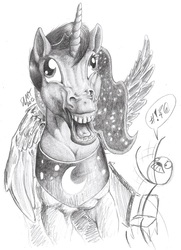 Size: 724x1000 | Tagged: safe, artist:stallionslaughter, princess luna, g4, female, hoers, monochrome, pencil drawing, realistic, solo, table flip, traditional art