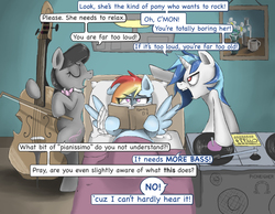 Size: 1832x1421 | Tagged: safe, artist:solarsourced, dj pon-3, octavia melody, rainbow dash, vinyl scratch, g4, read it and weep, argument, bandage, cello, dialogue, hospital, musical instrument