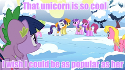 Size: 960x540 | Tagged: safe, edit, edited screencap, screencap, amethyst star, berry punch, berryshine, carrot top, cherry berry, daisy, flower wishes, golden harvest, rarity, sparkler, spike, twilight sparkle, dragon, pony, g4, dragons riding ponies, image macro, meme, riding, spike riding twilight, text