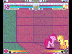 Size: 400x300 | Tagged: safe, applejack, pinkie pie, fighting is magic, g4, animated, cease and desist, drama, female, fight, fighting is drama, pie, satire