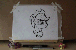 Size: 726x484 | Tagged: safe, artist:pancake-skunk, applejack, fluttershy, rarity, twilight sparkle, earth pony, pony, g4, animated, bashful, bust, cute, drawing, female, frame by frame, irl, jackabetes, looking away, mare, monochrome, photo, shy, smiling, toy, trace, traditional animation