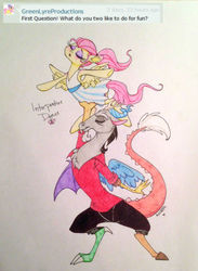 Size: 694x947 | Tagged: safe, artist:ameliacostanza, discord, fluttershy, g4, dancing, female, male, ship:discoshy, shipping, straight, traditional art