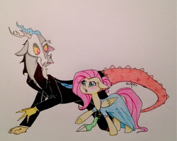 Size: 2017x1608 | Tagged: safe, artist:ameliacostanza, discord, fluttershy, g4, crossover, female, male, phantom of the opera, ship:discoshy, shipping, straight, traditional art