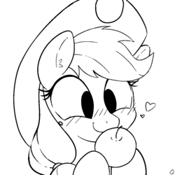 Size: 1000x1000 | Tagged: safe, artist:mrpotat0wned, applejack, earth pony, pony, g4, apple, applejack's hat, black and white, blushing, cowboy hat, cute, female, floating heart, grayscale, hat, heart, hoof hold, jackabetes, mare, monochrome, simple background, smiling, solo, stetson, that pony sure does love apples, white background