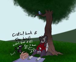 Size: 1182x974 | Tagged: safe, artist:blah-blah-turner, oc, oc only, oc:cristice, bird, cat, anthro, ask-cristice, picnic, solo