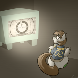 Size: 1280x1280 | Tagged: safe, artist:whitepone, oc, oc only, oc:littlepip, pony, unicorn, fallout equestria, clothes, fallout, fallout 4, fanfic, fanfic art, female, jumpsuit, mare, please stand by, solo, television, test card, vault suit