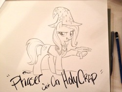 Size: 1280x960 | Tagged: dead source, safe, artist:nicole gauss, trixie, pony, unicorn, g4, alicorn amulet, clothes, cosplay, costume, crossover, female, grin, mare, monochrome, paper, pencil drawing, phaser, photo, smiling, solo, star trek, star trek (tos), traditional art, type ii phaser (tos), uniform, weapon