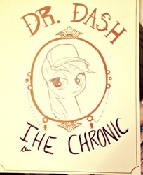 Size: 703x863 | Tagged: dead source, safe, artist:nicole gauss, rainbow dash, g4, album cover, dr. dre, female, hat, solo, the chronic, traditional art