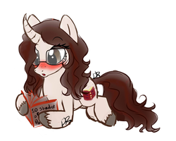 Size: 2500x2000 | Tagged: safe, artist:dari-draws, oc, oc only, pony, unicorn, :o, blushing, book, curved horn, female, fifty shades of grey, freckles, glasses, high res, horn, mare, reading, solo, unshorn fetlocks