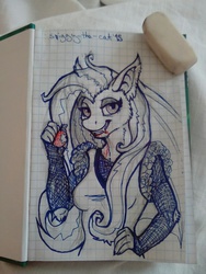 Size: 960x1280 | Tagged: safe, artist:spiggy-the-cat, fluttershy, anthro, g4, apple, female, flutterbat, pen sketch, photo, sketch, solo, traditional art