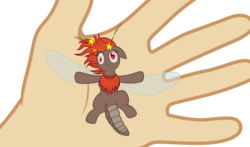 Size: 7563x4453 | Tagged: safe, artist:badumsquish, derpibooru exclusive, oc, oc only, human, mosquito, mosquito pony, original species, g4, absurd resolution, badumsquish strikes again, circling stars, dizzy, female, floppy ears, hand, mismatched eyes, on back, simple background, size difference, stunned, transparent background, vector, wavy mouth, wide eyes, wings