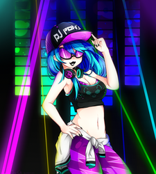 Size: 1280x1422 | Tagged: safe, artist:oma-chi, dj pon-3, vinyl scratch, human, g4, armpits, belly button, breasts, busty vinyl scratch, cleavage, clothes, female, hat, humanized, midriff, nail polish, party, solo, sports bra