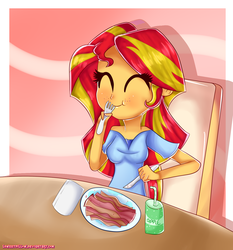 Size: 1400x1500 | Tagged: safe, artist:vixelzf, sunset shimmer, equestria girls, g4, bacon, bacon hair, cute, eating, female, happy, smiling, solo
