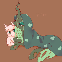 Size: 1200x1200 | Tagged: safe, artist:kkmrarar, queen chrysalis, oc, oc:fluffle puff, changeling, pony, g4, :p, bedroom eyes, blanket, canon x oc, female, lesbian, licking, lidded eyes, looking at you, mare, prone, ship:chrysipuff, shipping, simple background, tongue out
