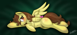 Size: 1500x682 | Tagged: safe, artist:miniferu, oc, oc only, oc:everydayery, pegasus, pony, belly, blushing, draw me like one of your french girls, female, looking at you, lying down, mare, on side, pegasus oc, sexy, smiling, smiling at you, solo, spread wings, wings