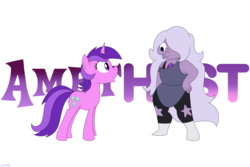 Size: 2400x1600 | Tagged: safe, artist:mofetafrombrooklyn, amethyst star, sparkler, gem (race), pony, unicorn, g4, amethyst, amethyst (steven universe), cartoon network, crossover, duo, duo female, female, gem, mare, namesake, purple, quartz, steven universe