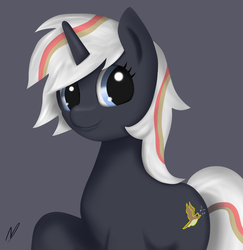 Size: 4206x4327 | Tagged: safe, artist:neighday, oc, oc only, oc:velvet remedy, pony, unicorn, fallout equestria, absurd resolution, fanfic, fanfic art, female, gray background, horn, mare, simple background, smiling, solo