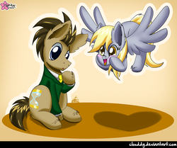 Size: 1007x840 | Tagged: safe, artist:clouddg, derpy hooves, doctor whooves, time turner, earth pony, pony, g4, slice of life (episode), blushing, cute, derpabetes, duo, male, stallion