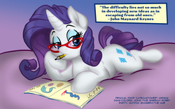 Size: 1280x800 | Tagged: safe, artist:latecustomer, artist:the_gneech, rarity, g4, drawing, female, glasses, mouth hold, pencil, prone, quote, solo