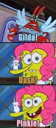 Size: 428x960 | Tagged: safe, edit, edited screencap, screencap, gilda, pinkie pie, rainbow dash, g4, the lost treasure of griffonstone, blue text, comic, cursed image, imitation krabs, male, male edited into female, mr. krabs, ms paint, not salmon, pink text, plankton, screencap comic, spongebob squarepants, spongebob squarepants (character), wat, wtf