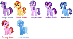 Size: 7920x4248 | Tagged: safe, artist:thecheeseburger, starlight glimmer, sunset shimmer, trixie, twilight sparkle, oc, oc:evening blaze, oc:nightfall shine, oc:sundown twinkle, alicorn, pony, unicorn, g4, :i, absurd resolution, counterparts, magical quartet, name, one of these things is not like the others, simple background, stellar similarities, transparent background, twilight sparkle (alicorn), twilight's counterparts