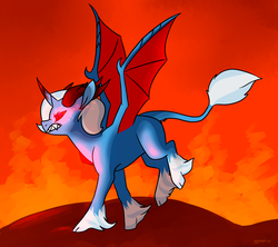 Size: 1280x1138 | Tagged: safe, artist:animalstamp, trixie, classical unicorn, demon, pony, unicorn, g4, bat wings, blank flank, female, glowing eyes, horn, horns, leonine tail, mare, solo