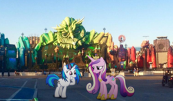 Size: 756x442 | Tagged: safe, artist:jaybugjimmies, artist:stillfire, edit, dj pon-3, princess cadance, vinyl scratch, g4, concert, electric daisy carnival, irl, photo, ponies in real life