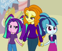 Size: 1303x1063 | Tagged: safe, artist:dilemmas4u, adagio dazzle, aria blaze, sonata dusk, equestria girls, g4, adoragio, alternate universe, ariabetes, beautiful, cute, holding hands, loose hair, mamadagio, mom, mother, mother and daughter, older, show accurate, sonatabetes, taco tuesday, the dazzlings, trio, younger