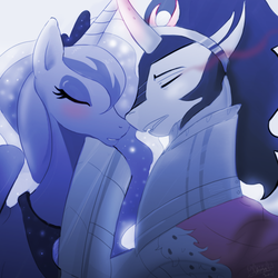 Size: 900x900 | Tagged: safe, artist:roselinath, king sombra, princess luna, alicorn, pony, unicorn, g4, blushing, cute, eyes closed, eyeshadow, female, makeup, male, nuzzling, ship:lumbra, shipping, straight