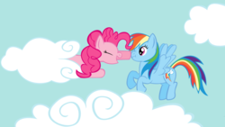 Size: 1024x576 | Tagged: safe, artist:videogamehunter, pinkie pie, rainbow dash, earth pony, pegasus, pony, g4, :t, boop, cloud, cloudy, duo, duo female, eyes closed, female, flying, mare, open mouth, pinkie being pinkie, pinkie physics, sky, smiling, spread wings, surprised, wide eyes