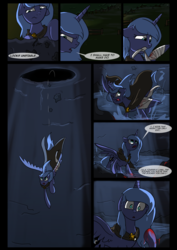 Size: 1240x1754 | Tagged: safe, artist:lunarcakez, princess luna, comic:the origins of hollow shades, g4, blood, comic, filly, injured, night, pink-mane celestia, water, well, woona, younger