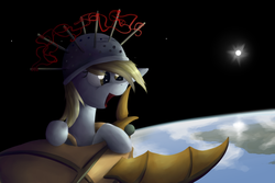 Size: 3000x2000 | Tagged: safe, artist:marsminer, derpy hooves, pegasus, pony, g4, slice of life (episode), colander, cute, female, helmet, high res, mare, muffin 1, open mouth, planet, smiling, solo, space, sun
