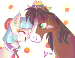 Size: 2700x2100 | Tagged: safe, artist:dreamscapevalley, coco pommel, trouble shoes, earth pony, pony, g4, blushing, boop, crack shipping, cute, ear fluff, eyes closed, female, hat, high res, male, mare, noseboop, nuzzling, open mouth, shipping, simple background, smiling, stallion, straight, transparent background, troublepommel, unshorn fetlocks