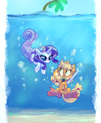 Size: 1800x2200 | Tagged: safe, artist:whitediamonds, applejack, rarity, earth pony, mermaid, merpony, pony, unicorn, rarijack daily, g4, bedroom eyes, bubble, diving, duo, female, fins, flippers (gear), hat, lesbian, looking at each other, mare, mermaidized, on melancholy hill, ship:rarijack, shipping, smiling, snorkel, species swap, underwater, wide eyes