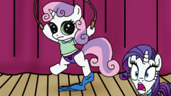 Size: 1024x576 | Tagged: safe, artist:elephanteddie, rarity, sweetie belle, pony, g4, bipedal, clothes, female, frilly underwear, panties, purple underwear, ribbon, surprised, thong, underwear