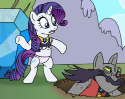 Size: 1574x1256 | Tagged: safe, artist:elephanteddie, rarity, rover, diamond dog, pony, g4, assisted exposure, bipedal, bra, bra on pony, clothes, clothing theft, diamond, dress, midriff, panties, starry underwear, surprised, thong, torn clothes, underwear, undressing, white underwear