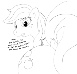 Size: 1041x1004 | Tagged: safe, artist:appleflanks, applejack, oc, oc:anon, earth pony, human, pony, g4, applebutt, butt, female, looking back, macro, male, mare, micro, monochrome, my massive pony thread, nope, plot, tail, the ass was fat