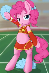 Size: 700x1043 | Tagged: safe, artist:mcsadat, artist:transgressors-reworks, color edit, edit, pinkie pie, pony, g4, bedroom eyes, belly button, bipedal, bra on pony, cheerleader, chubby, clothes, colored, cute, diapinkes, female, looking at you, midriff, plump, skirt, solo, sports bra, underhoof, uniform