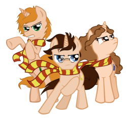 Size: 7148x6625 | Tagged: safe, artist:zackira, absurd resolution, clothes, glasses, gryffindor, harry potter (series), hermione granger, ponified, ron weasley, scarf, simple background, transparent background