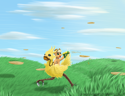 Size: 1880x1440 | Tagged: dead source, safe, artist:sonicrainboom93, applejack, bird, chocobo, g4, crossover, duo, female, final fantasy, maple syrup, riding, waffle, wat, watergun